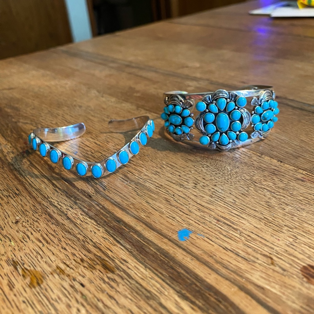 Turquoise and sterling silver bracelets, 2 total, adjustable